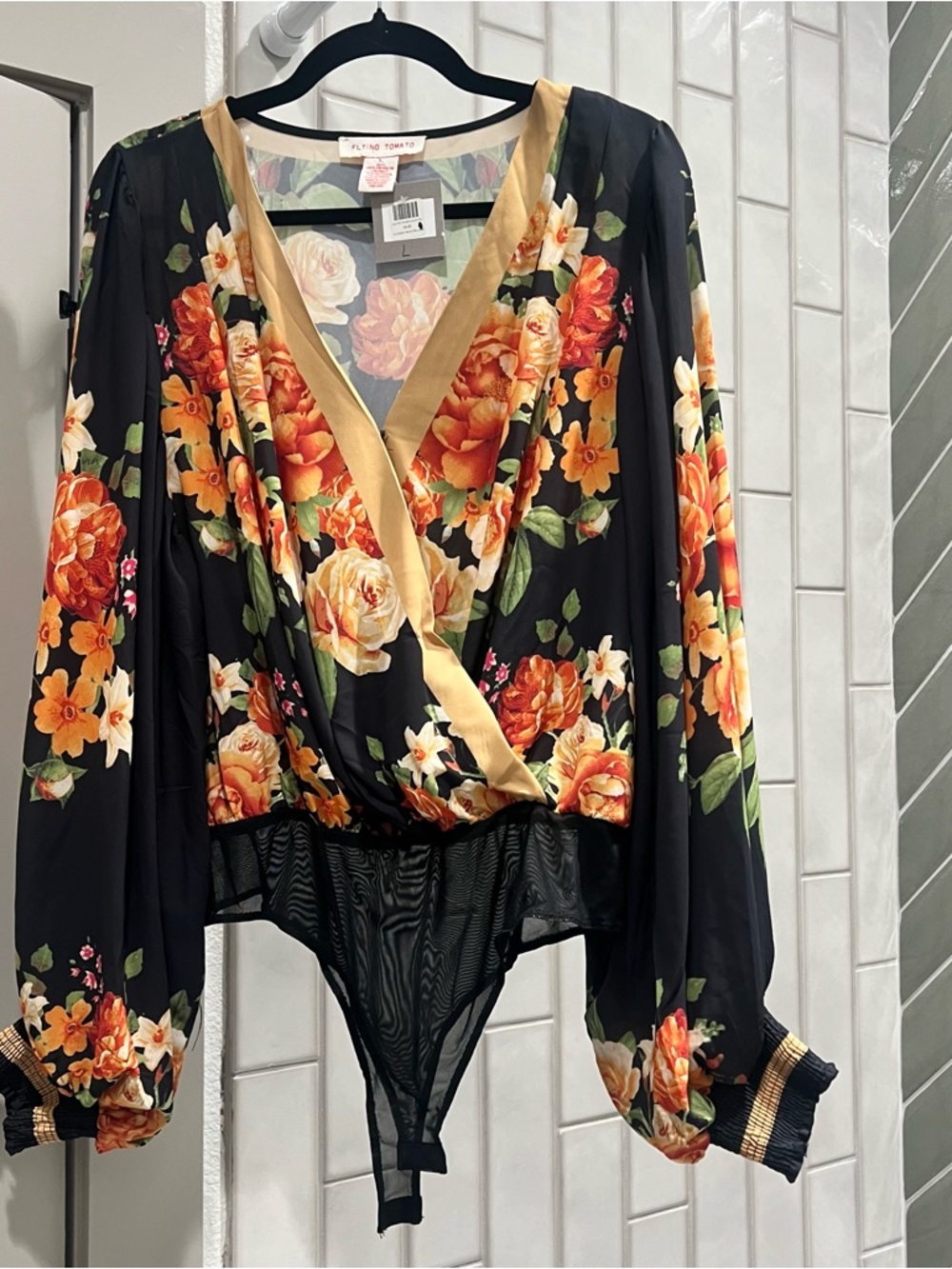 Flying Tomato Black Floral Surplice Bodysuit with Gold Accent